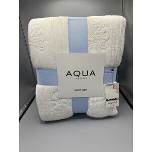Aqua Bedding Floral Scalloped Reversible KING Quilt + 2 KING Shams Set White
